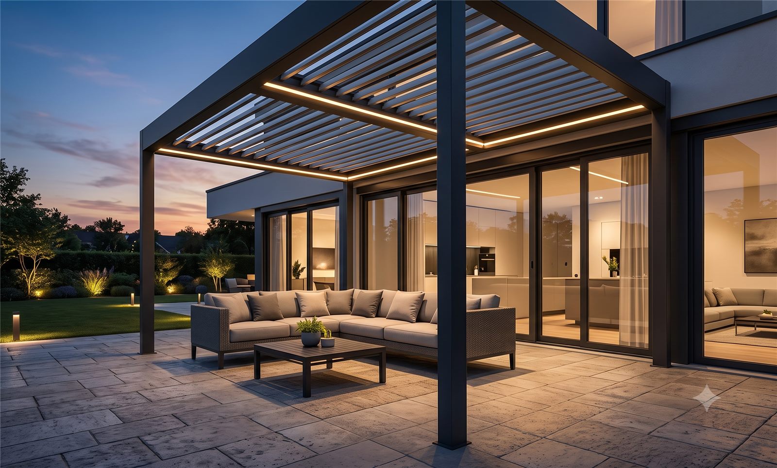 Pergola mit verstellbarem Lamellendach im Garten