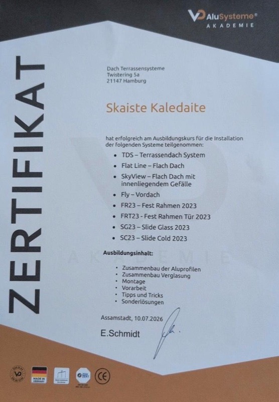 Schulungszertifikat von Skaiste Kaledaite – VD AluSysteme Akademie