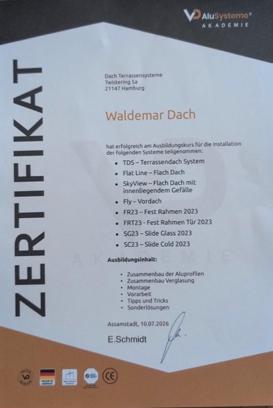 Schulungszertifikat von Waldemar Dach – VD AluSysteme Akademie
